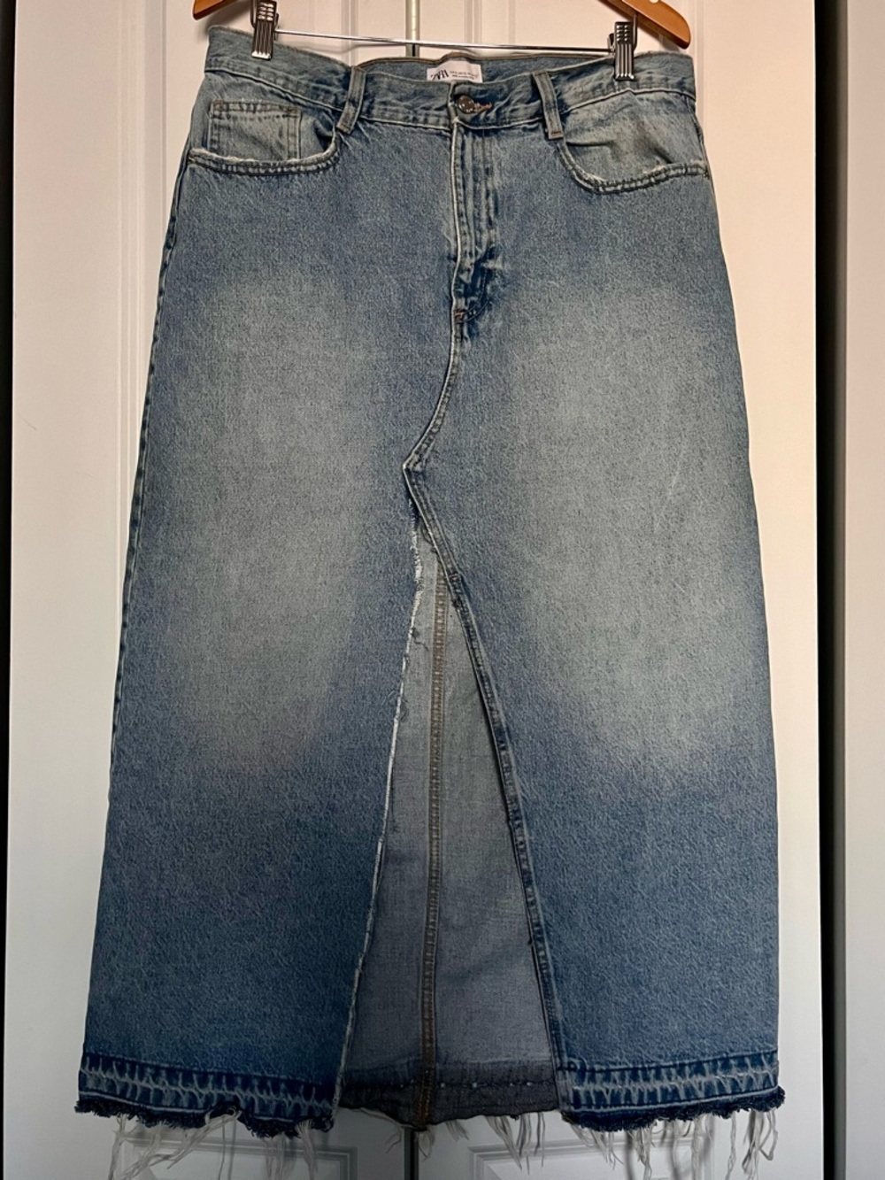 Zara Blue Denim Midi Skirt with Front Slit